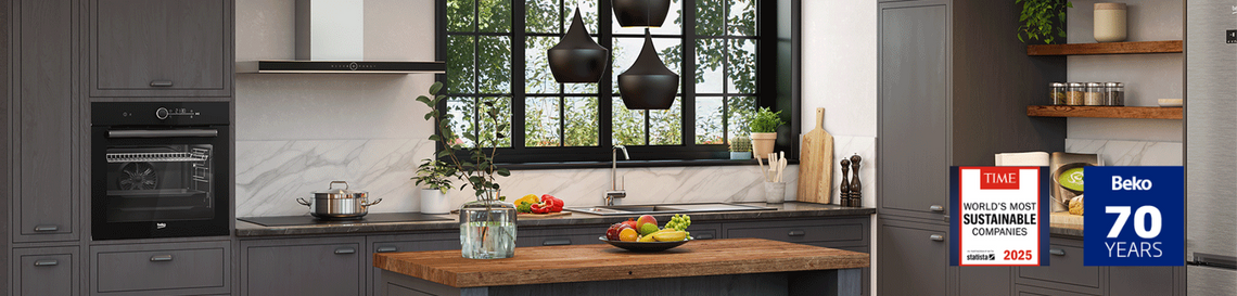 Modern kitchen with a Beko oven and various kitchen items.