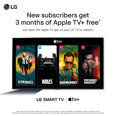 A promotional banner for LG and Apple TV+. Purchase an eligible LG TV and enjoy 3 months free of Apple TV +