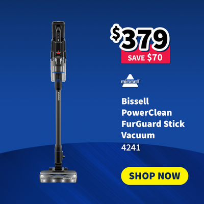 Bissell PowerClean FurGuard Stick Vacuum on sale now $379 - Save $70 on a blue background with promotional text.