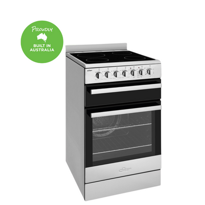 Angled view of the Chef 54cm Electric Freestanding Oven in Stainless Steel, with the oven door closed, showing the 4 cooking zones, closed oven draw, control knobs and a "proudly built in Australia call out"