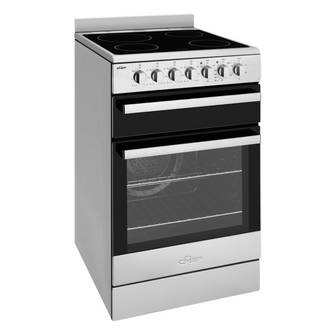 Angled view of the Chef 54cm electric freestanding oven in stainless steel finish, with the oven door closed as well as the top drawer, showing the 4 cooking zones and control knobs. 