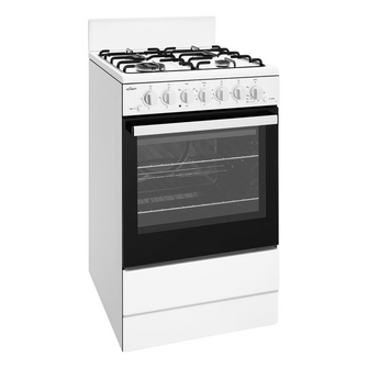 Angled view of the Chef 54cm gas freestanding oven in white, with the oven door closed, showing the 4 cooking zones, burners and trivets, control knobs.