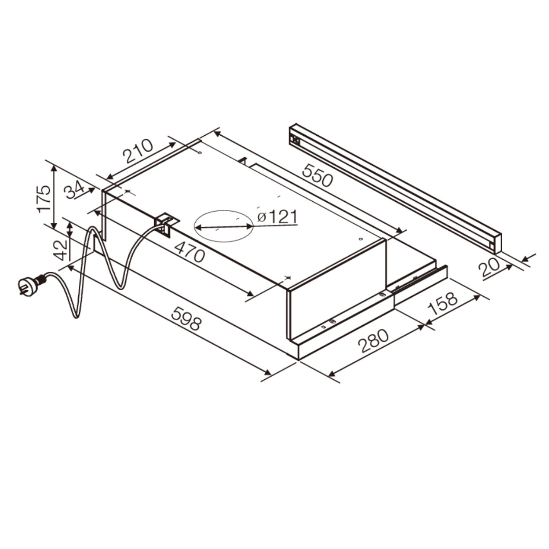 Angled view of the Chef 60cm slideout rangehood dimensions.