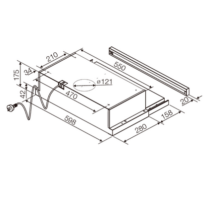 Angled view of the Chef 60cm slideout rangehood dimensions.
