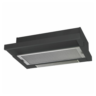 Angled view of the Chef 60cm slideout rangehood in a black finish, showing the filters. 