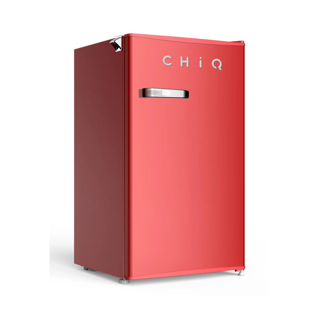 ChiQ 90L Retro Style Bar Fridge in red pictured at an angle