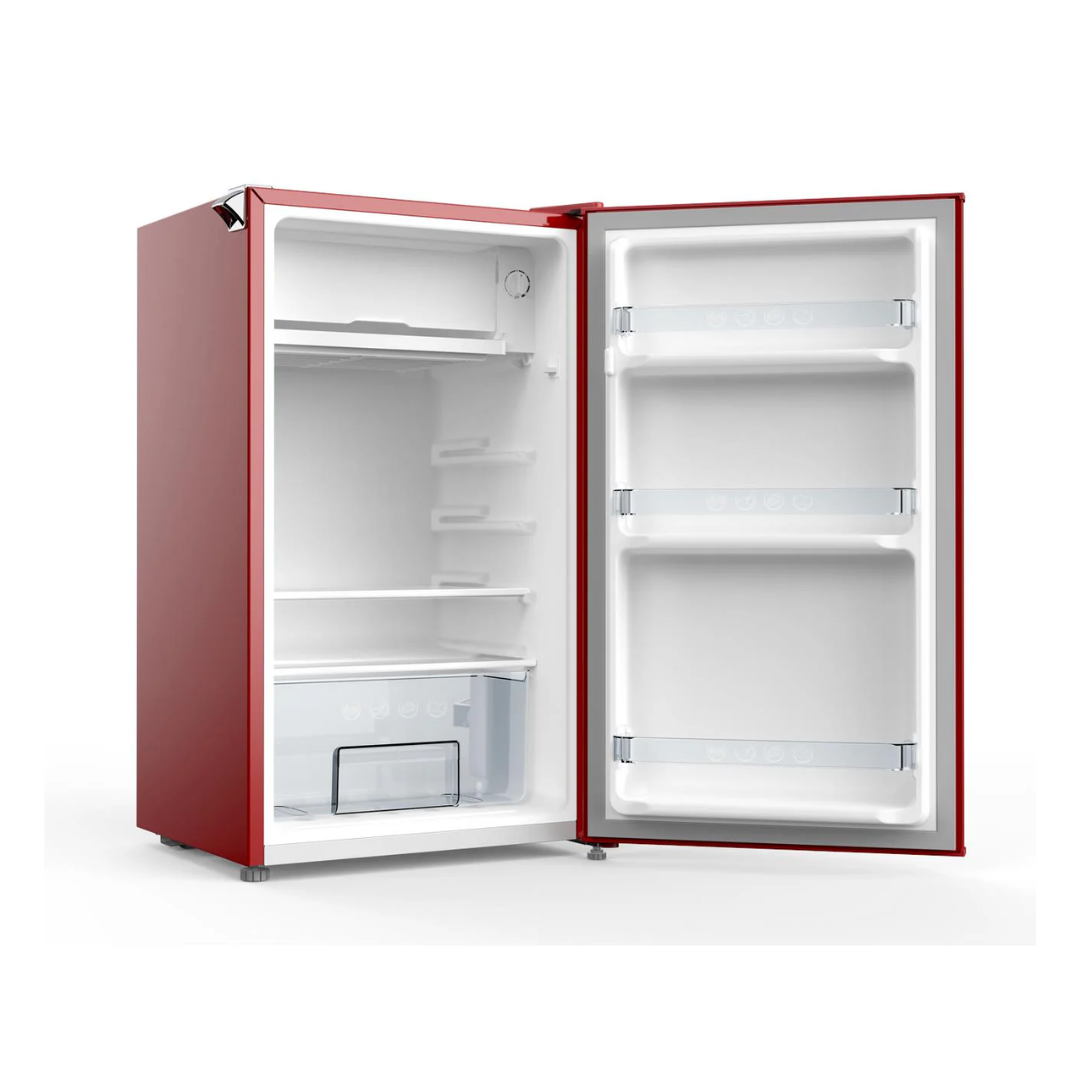 ChiQ 90L Retro Style Bar Fridge in Red pictured at an angle with the door open showing it's capacity