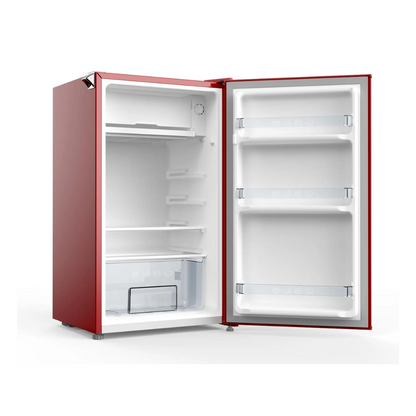 ChiQ 90L Retro Style Bar Fridge in Red pictured at an angle with the door open showing it's capacity