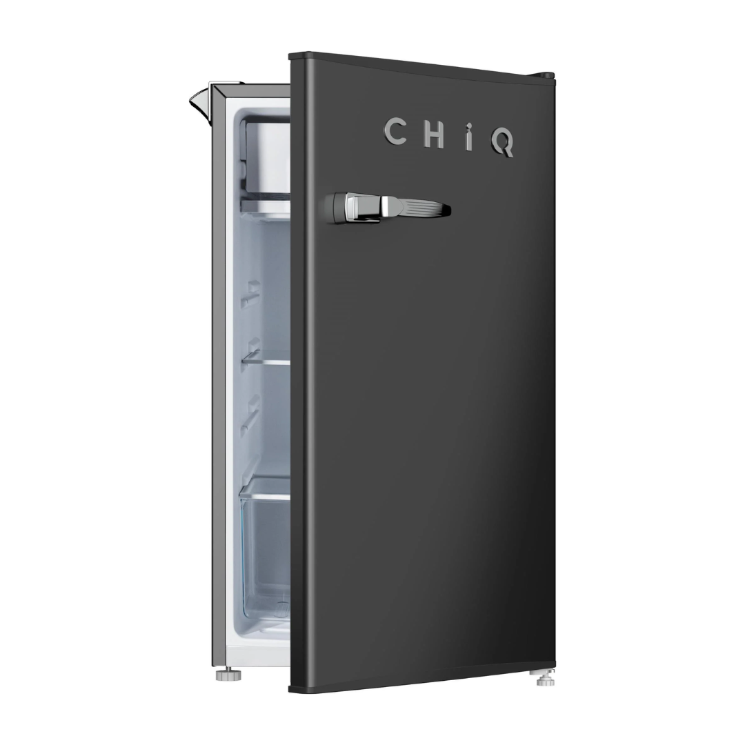 ChiQ 90L Retro Style Bar Fridge in Black with the door half open 