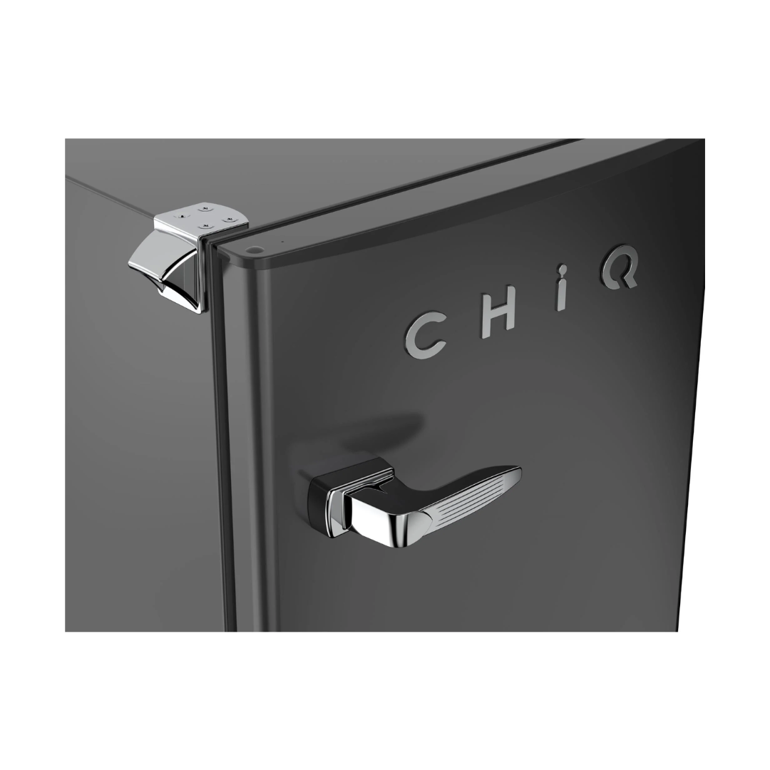 ChiQ 90L Retro Style Bar Fridge in Black showcasing the logo at an angle