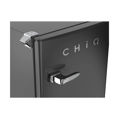 ChiQ 90L Retro Style Bar Fridge in Black showcasing the logo at an angle