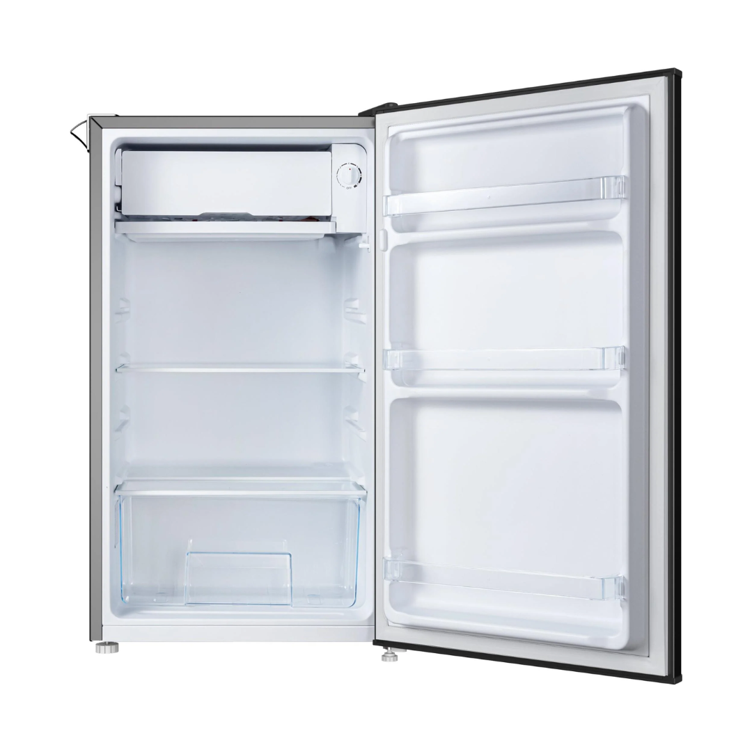 ChiQ 90L Retro Style Bar Fridge in Black with the door open pictured from the front showing it's capacity