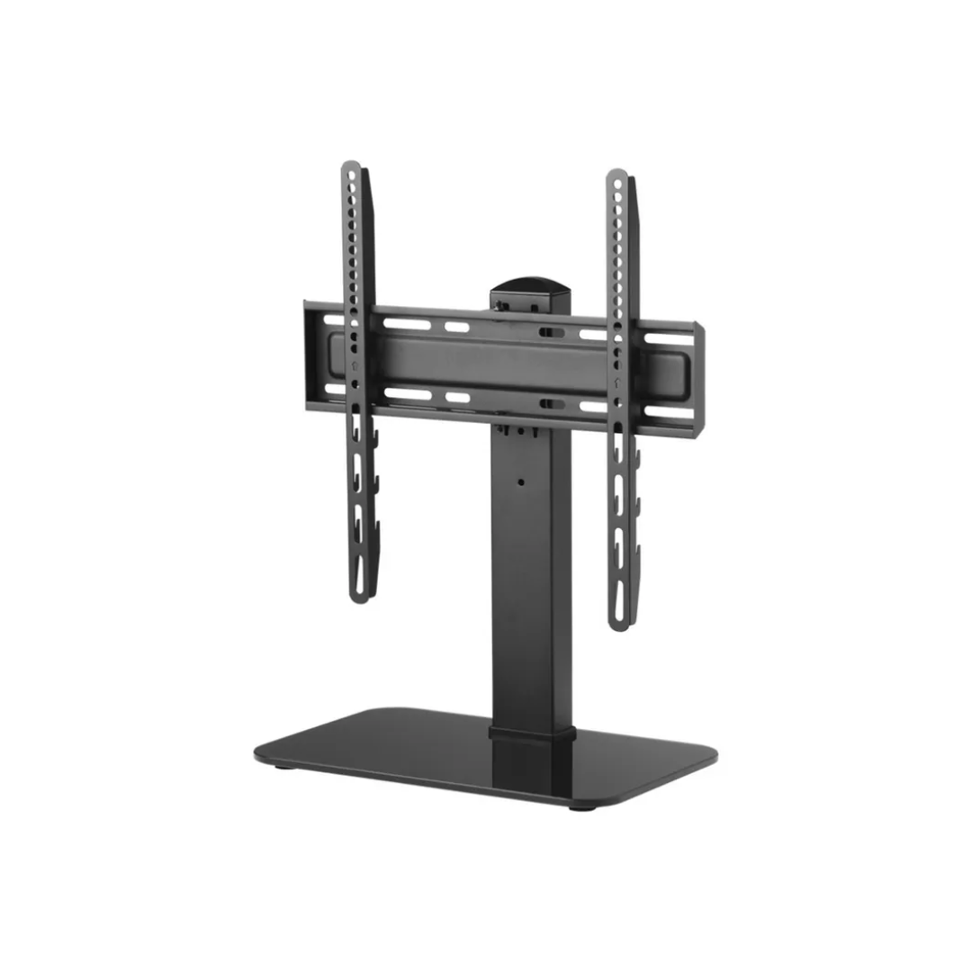 Universal tabletop TV stand mount with a tempered glass base and adjustable height, suitable for flat screen televisions, ideal for home entertainment setups. 