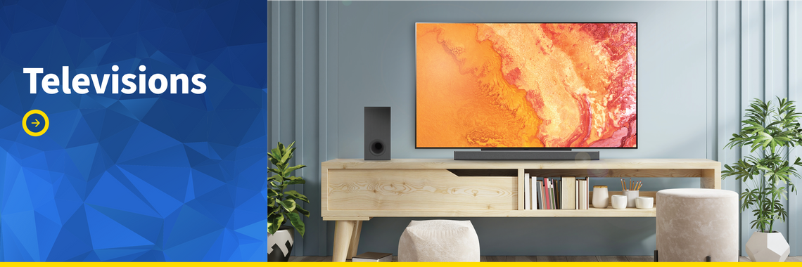 Televisions banner with a flat screen TV on a wooden cabinet in a living room