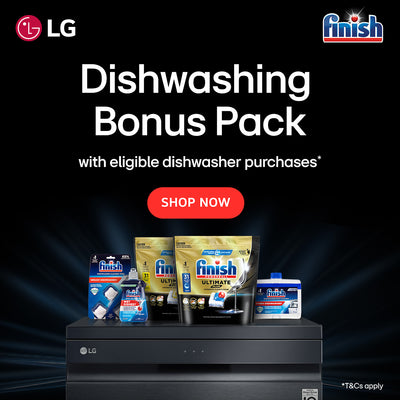 A promotional banner for LG and Finish. Purchase an eligible LG Dishwasher and receive a bonus Finish Dishwashing Pack. 