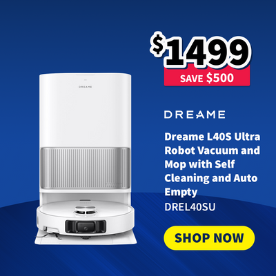 Dreame L40S Ultra robot vacuum and mop on sale now $1499 - Save $500 on a blue background with promotional text.