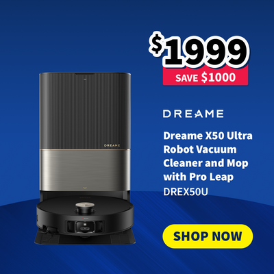 Dreame X50 Ultra Robot Vacuum Cleaner and Mop - on sale now $1999 - Save $1000 - on a blue background with promotional text.