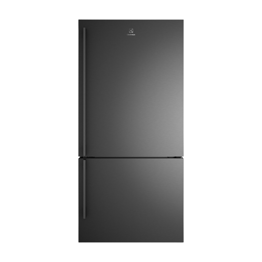 A front view of an Electrolux 496L bottom mount fridge in a dark stainless steel finish.