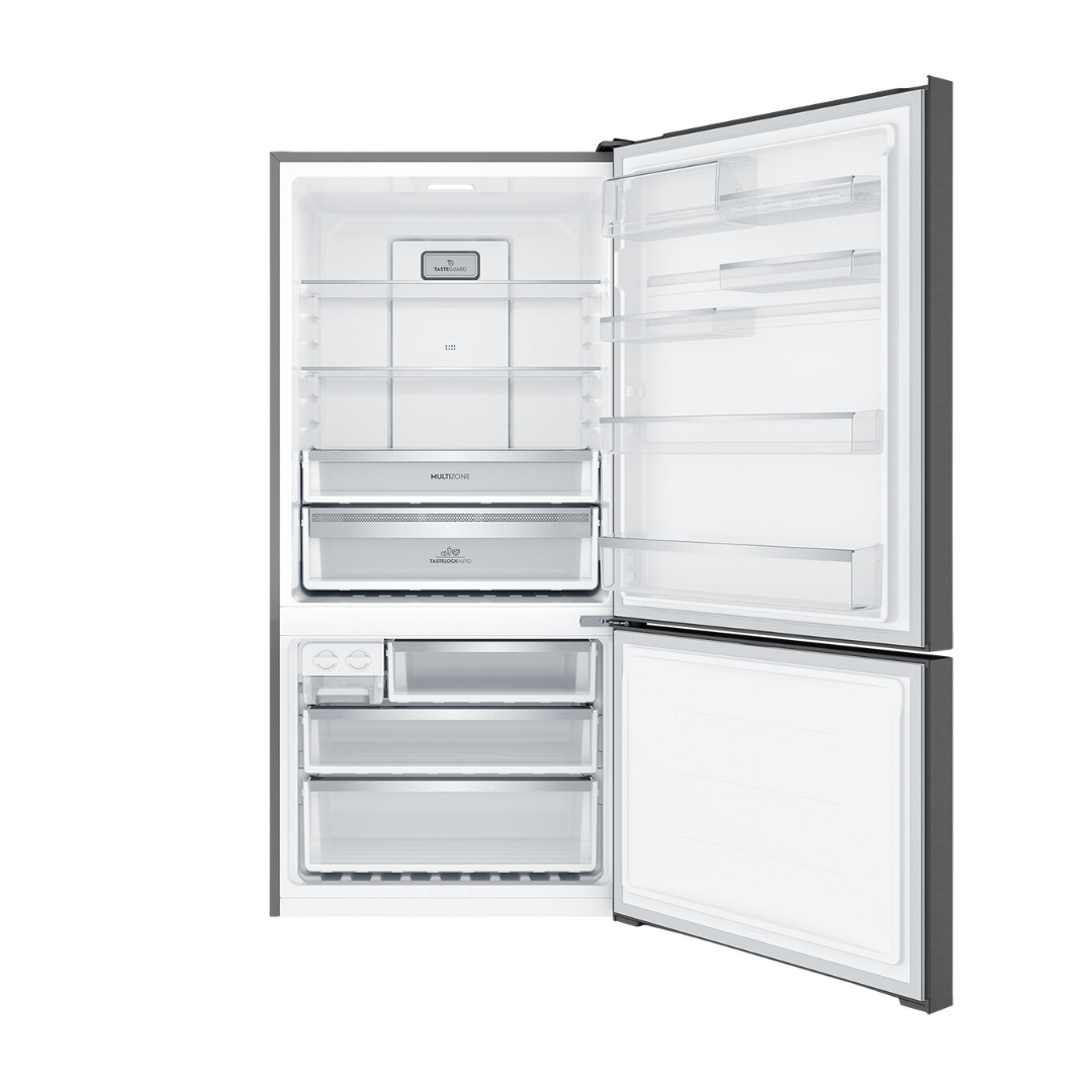 Front view of an Electrolux 496L bottom mount fridge with doors open, ,showing organised shelves, door bins, fresh produce drawers and freezer compartments.