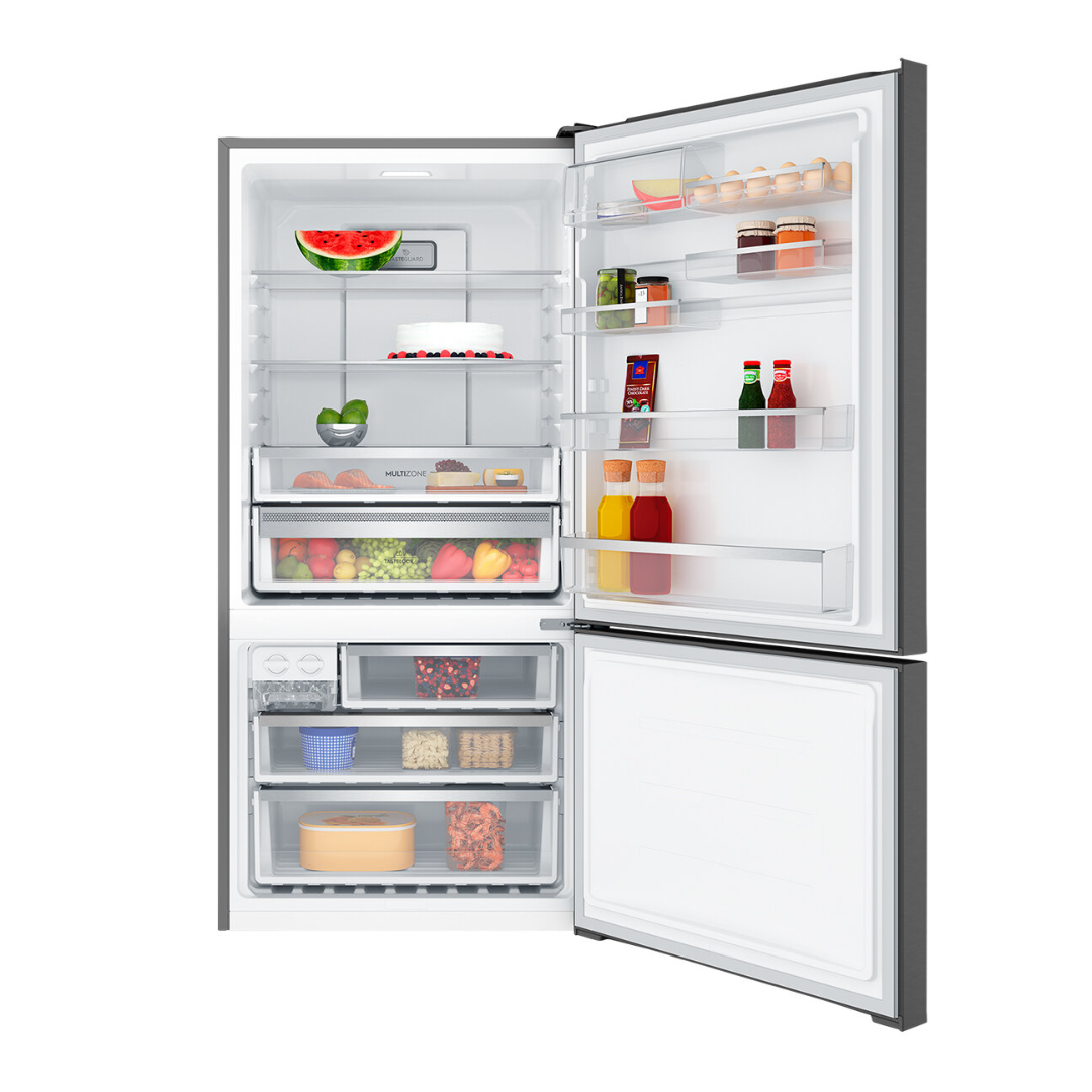 Front view of an Electrolux Bottom Mount Fridge, with doors open, showing organised shelves, door bins, fresh produce drawers and freezer compartments filled with food items, drinks, and storage containers.