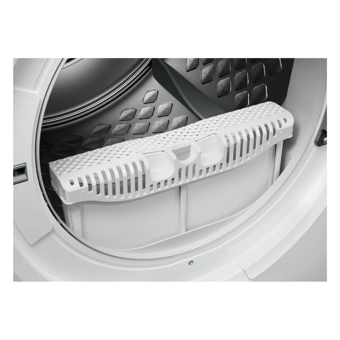 White lint filter inside an Electrolux dryer with a white background