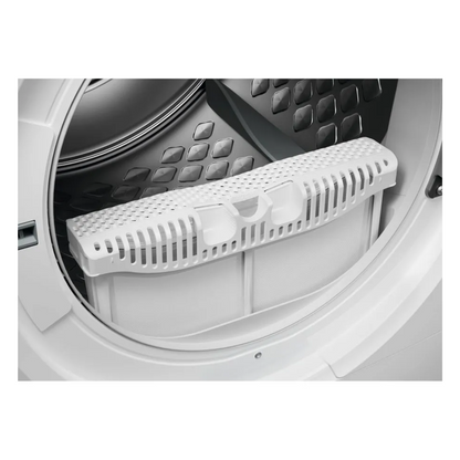 White lint filter inside an Electrolux dryer with a white background