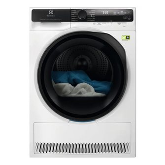 White Electrolux dryer with clothes inside on a white background
