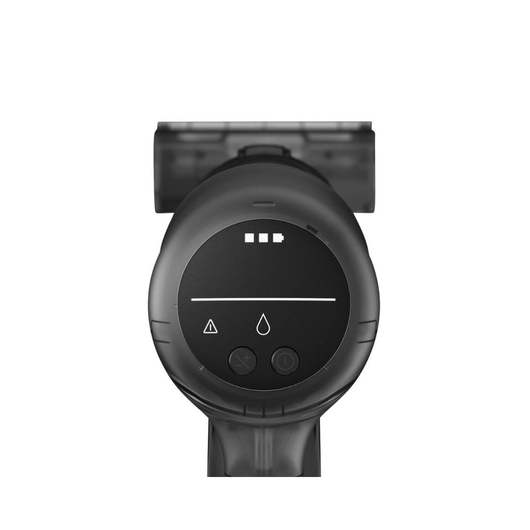 Close up view of the Electrolux 600 series cordless stick vacuum controls, showing the power button, +/- controls and battery level.