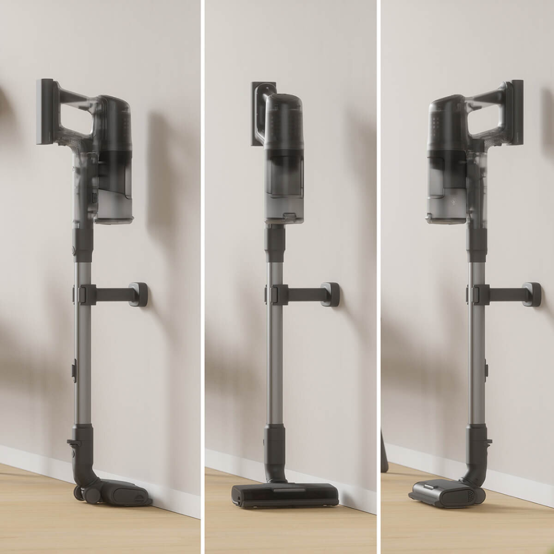 Electrolux 600 series cordless stick vacuum shown mounted in three wall storage options, illustrating it's flexible and space saving design. 