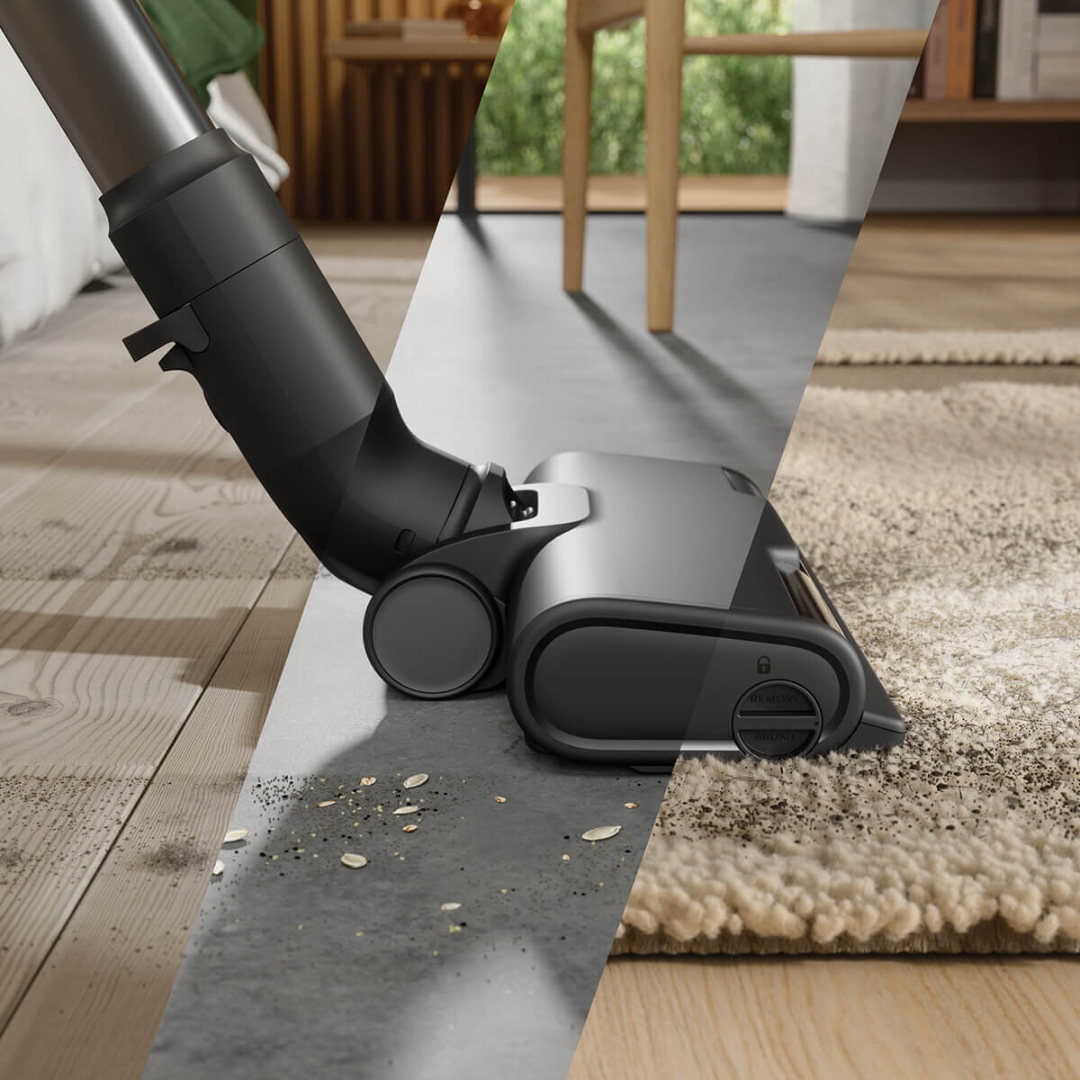 Close up view of the Electrolux 600 series cordless stick vacuum, showing the types of floors it is compatible on, wooden floors, tiles and carpets.