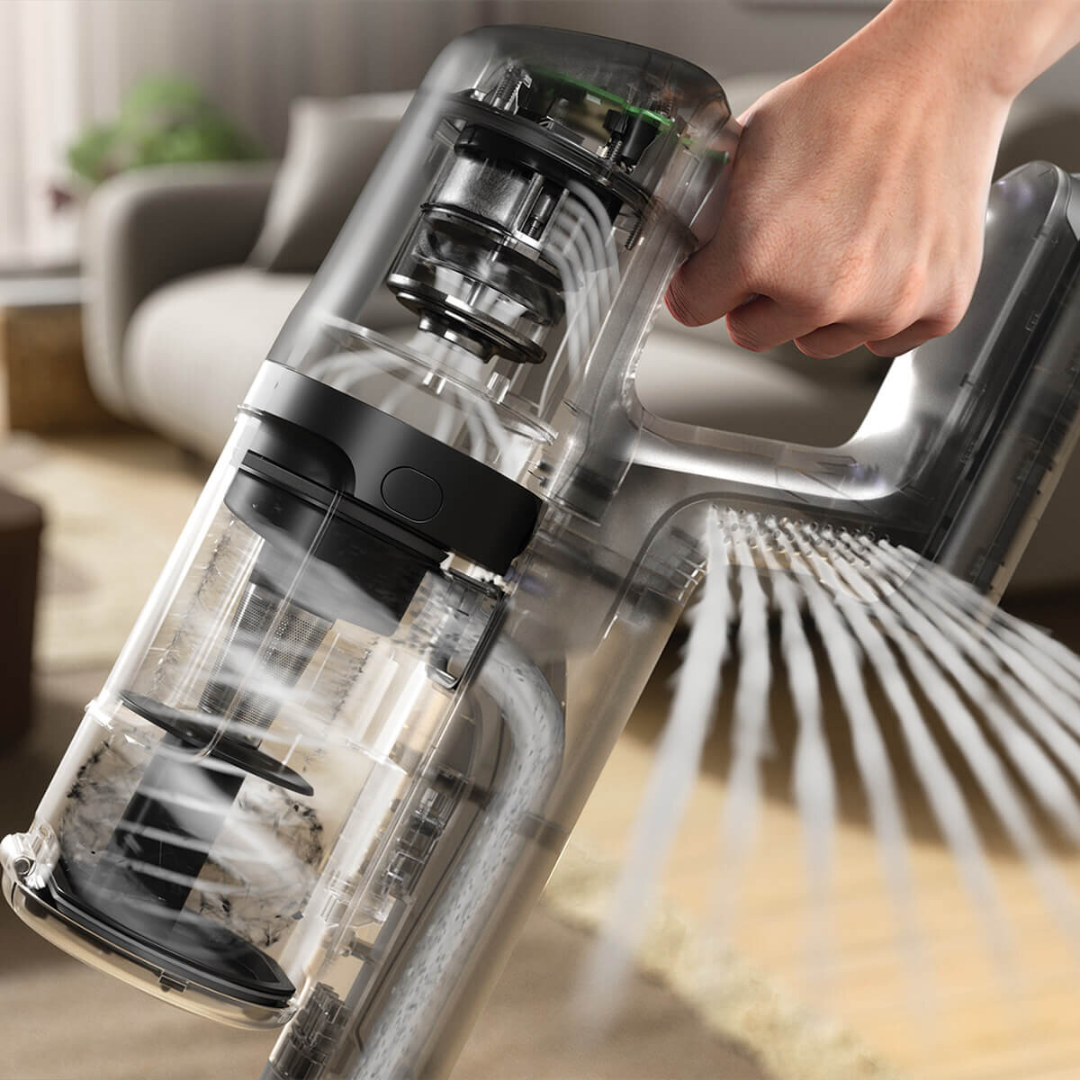 Close up view of the Electrolux 600 series cordless stick vacuum main unit, illustrating the airflow patterns.