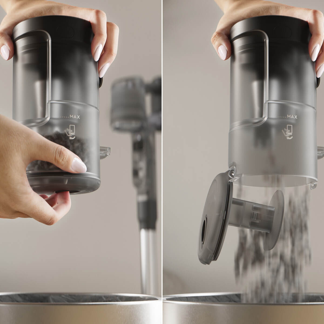 Close up view of the Electrolux 600 series cordless stick vacuum dustbin full on the left, and the ease of emptying it by just pulling  a tab on the right image. 