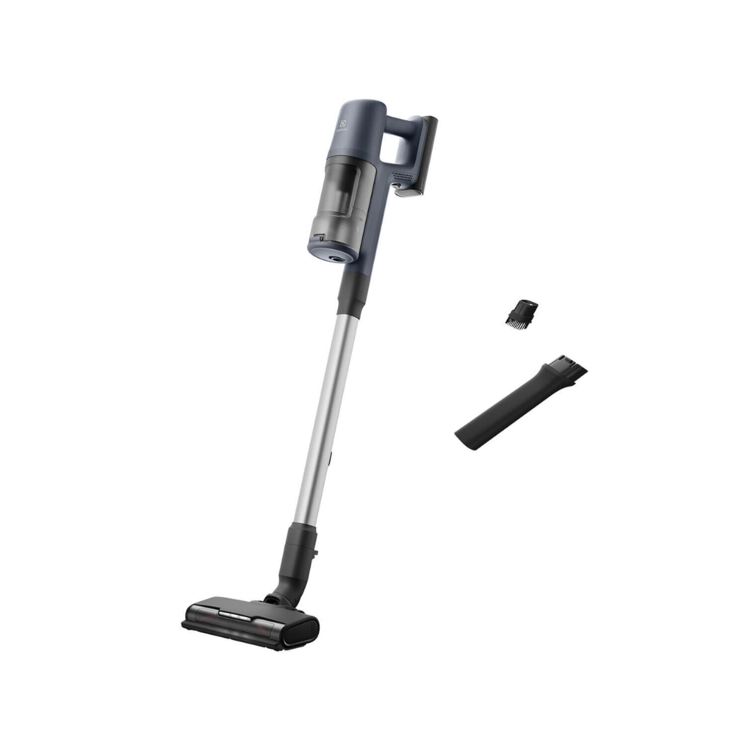 Angle view of the Electrolux 600 series cordless stick vacuum with sleek design, lightweight frame, and powerful suction. With different attachments next to it.