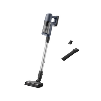 Angle view of the Electrolux 600 series cordless stick vacuum with sleek design, lightweight frame, and powerful suction. With different attachments next to it.