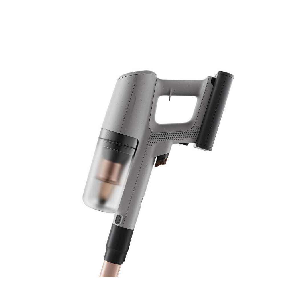 Close up view of the Electrolux 800 series cordless stick vaccum with petpro+ and pet nozzle handle, and attachment holder, showing the dustbin and ergonomic design.