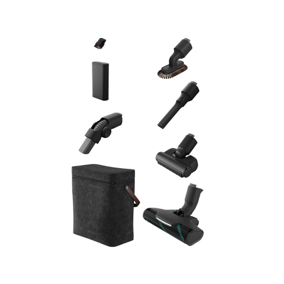 Attachments for the Electrolux 800 series cordless stick vacuum with clean station, including brushes, crevice tool, petpro nozzle, extra battery and storage bag.