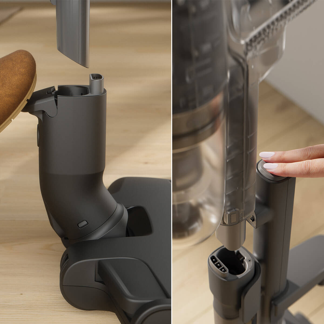 Close up view of the Electrolux 800 series cordless stick vacuum with clean station click function for attachments.