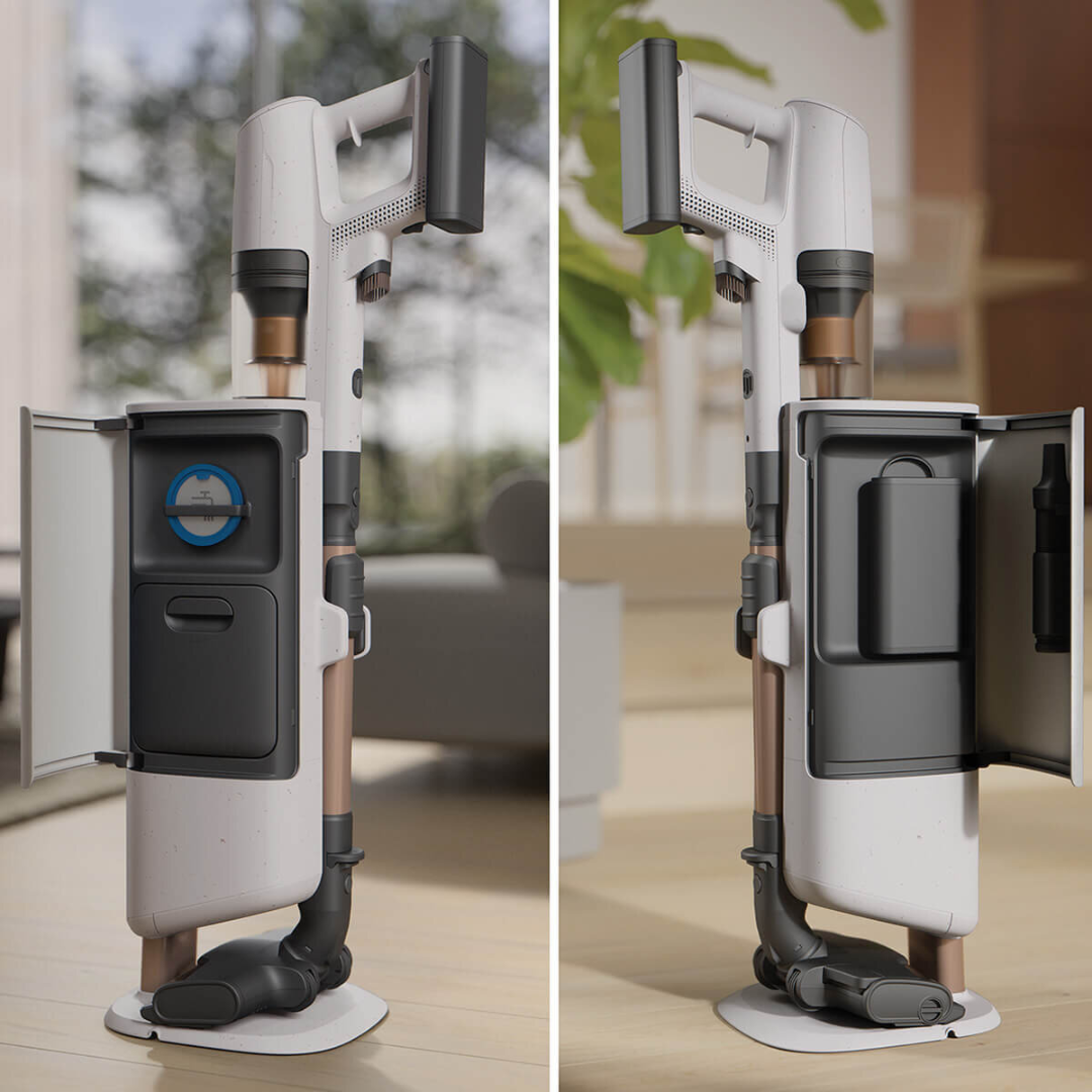 Electrolux 800 series cordless stick vacuum with clean station shown with open storage compartments, showing on board accessory storage and convenient dust disposal.  