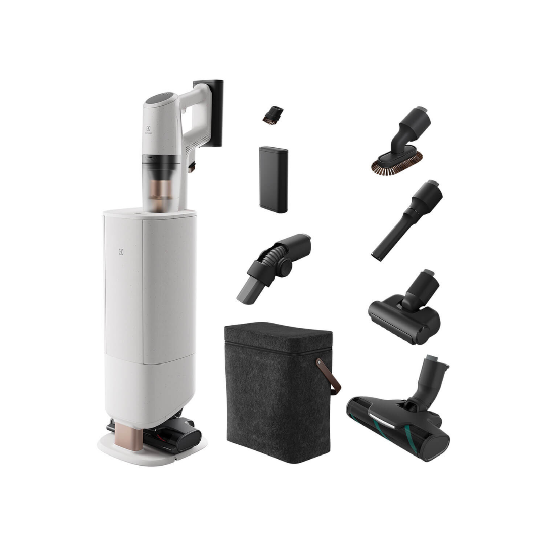 Electrolux 800 series cordless stick vacuum with clean station and multiple attachments, including brushes, crevice tool, PetPro nozzle, extra battery and storage bag.