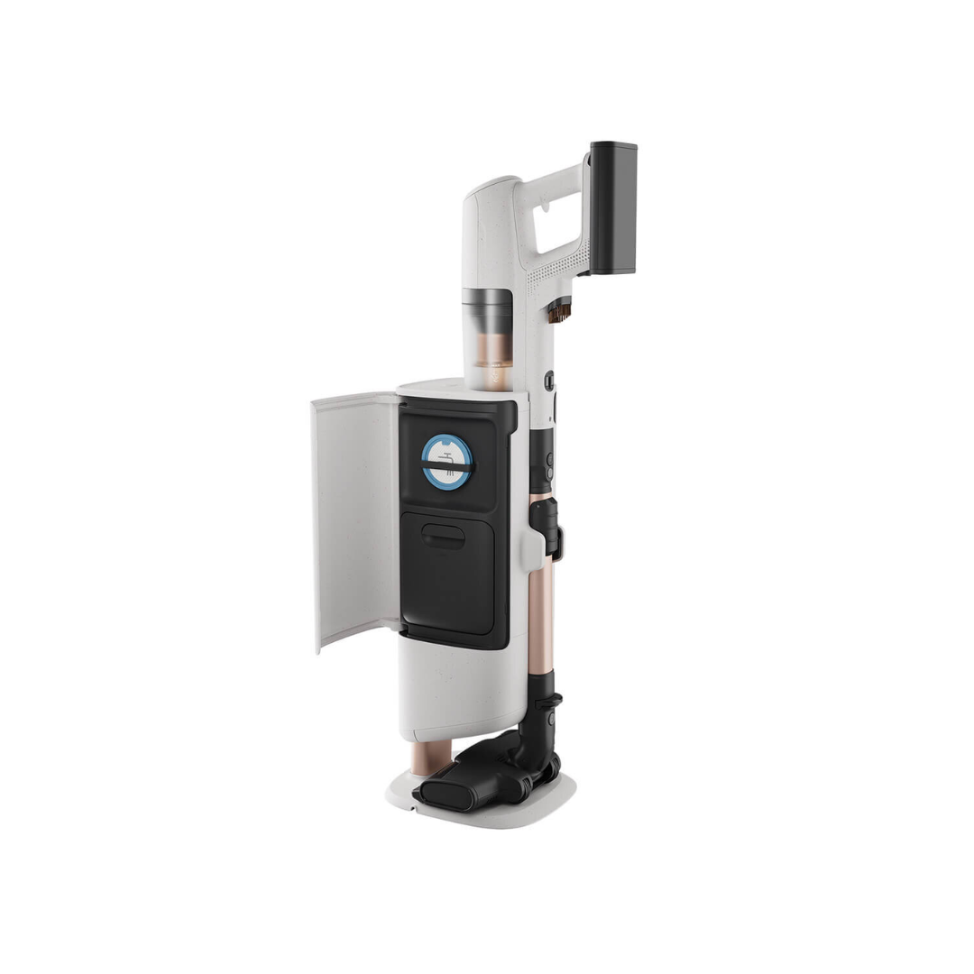 Electrolux 800 series cordless stick vacuum with cleaning station, showing the dust bin collector and cleaning filter. 