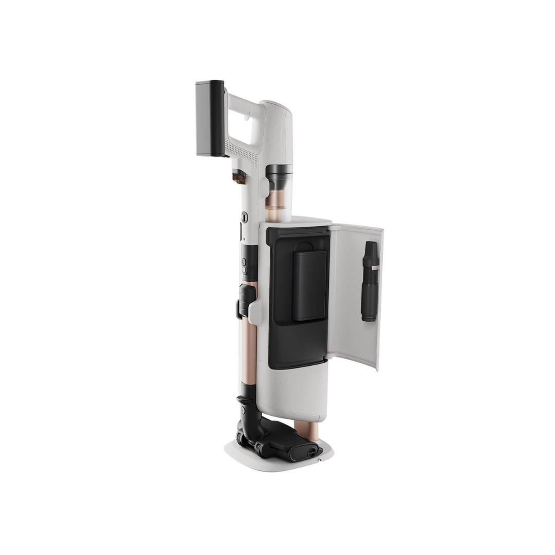 Side view of the Electrolux 800 series cordless stick vacuum with cleaning station with the side door open, showing the storage for the attachments and cleaning filter.