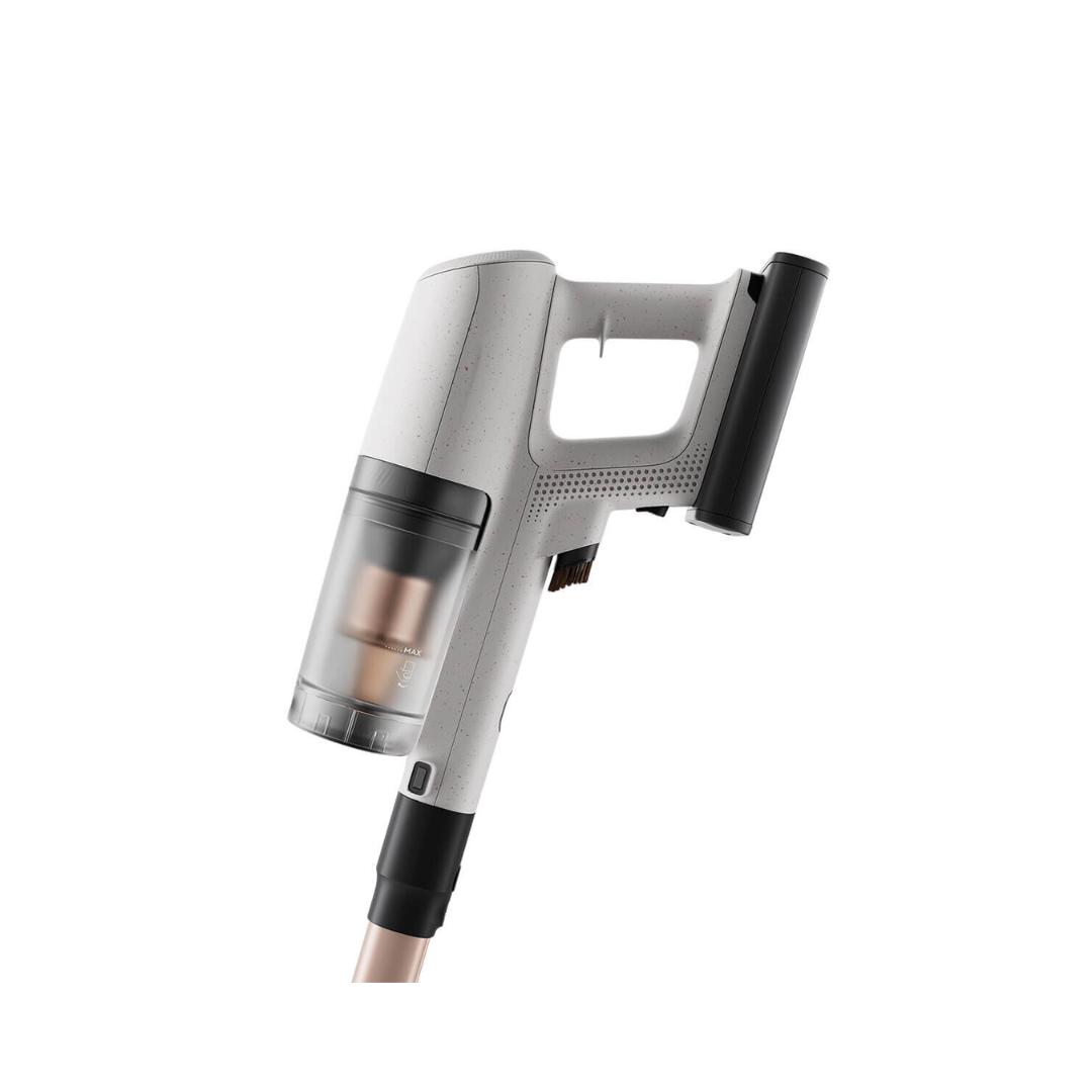 Close up view of the Electrolux 800 series cordless sick vacuum with cleaning station handle, showing sleek design, easy to use dust bin and ergonomic design.