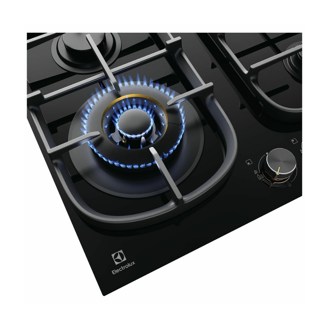 Angled view of the Electrolux Ceramic gas Cooktop, showing the flame and a single control knob.