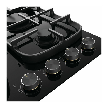 Angled view of the Electrolux ceramic gas cooktop, showing the control knobs and the two right trivets and burners.