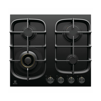 Front view of the Electrolux Ceramic Gas Cooktop showing the burners and trivets as well as the control knobs.