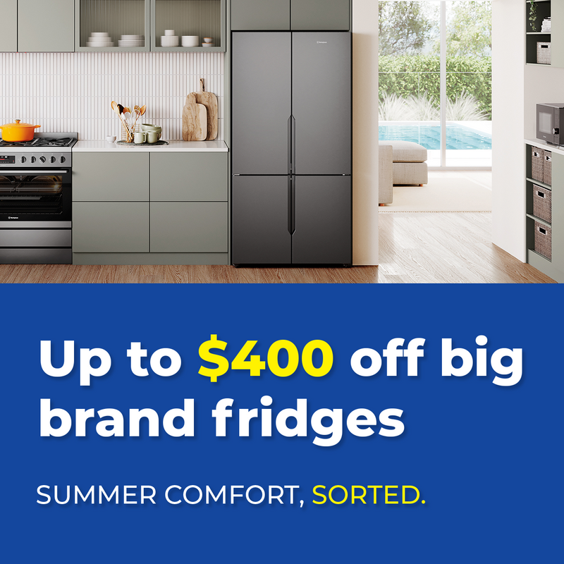 A promotional banner for fridges, image in a modern kitchen space. 