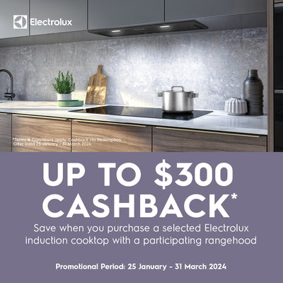 Modern kitchen countertop with a Electrolux Cooktop with a $300 cash back offer