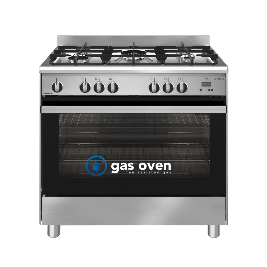 Emilia 90cm Stainless Steel Gas Upright Cooker with Fan Assisted Gas Oven