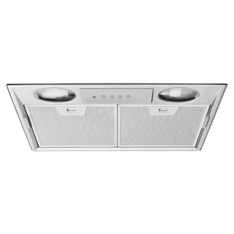 Angled view of the Electrolux 52cm integrated undermount rangehood in a stainless steel finish showing the filters, push button controls and LED lights.