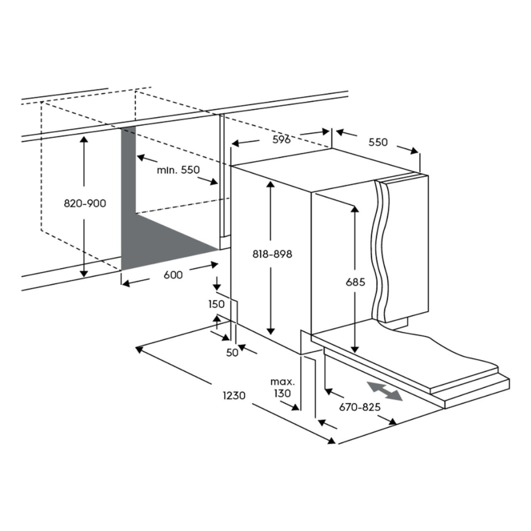 Angled view of the dimensions of the Electrolux 60cm fully integrated dishwasher. 